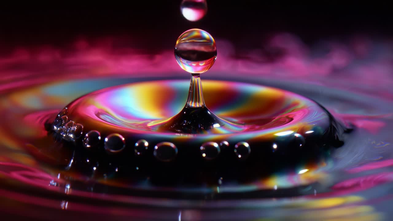 A Stunning Capture of Vibrant Water Droplets: The Mesmerizing Dance of Colorful Reflections and Rippling Patterns in a Liquid Surface, Showcasing the Beauty of Fluid Dynamics and Light Interplay