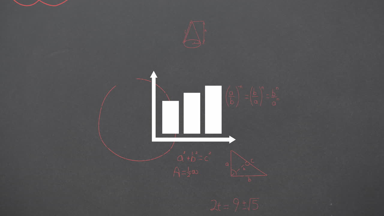 animación del icono del gráfico de barras sobre ecuaciones matemáticas flotando contra un fondo gris