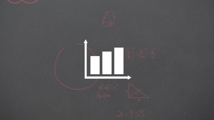 Animation of bar graph icon over mathematical equations floating against grey background