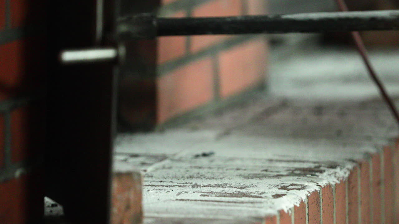 베이커는 반죽을 금속 껍질로 오븐 안에 넣습니다.