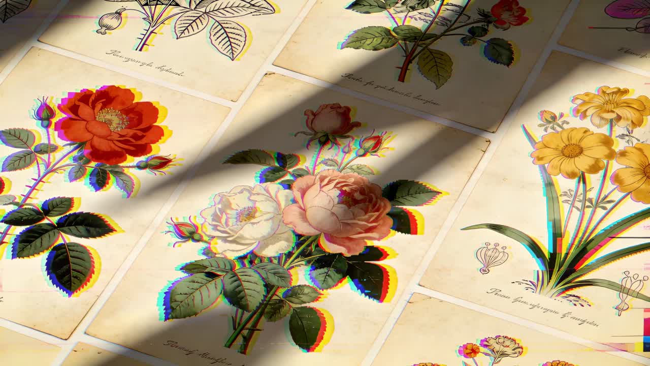 Glitchende digitale artefakter dukker opp over et rosekort på et bord, mens sollys flytter seg over sømmene.