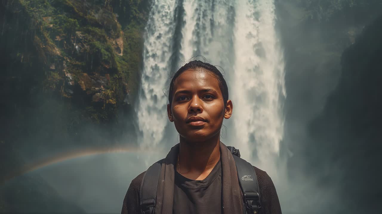 Standing hiker opening eyes as sun hitting face, shifting right at waterfall with pack and rainbow