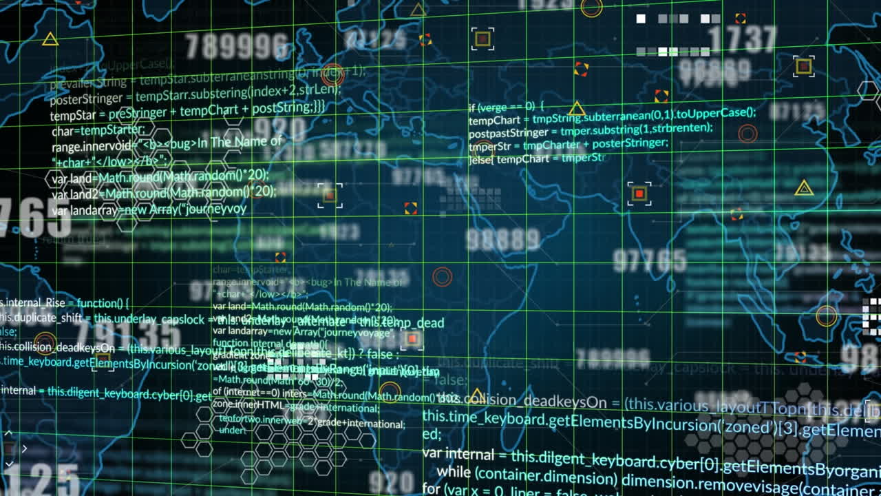 Animation of changing numbers and data processing over world map against black background