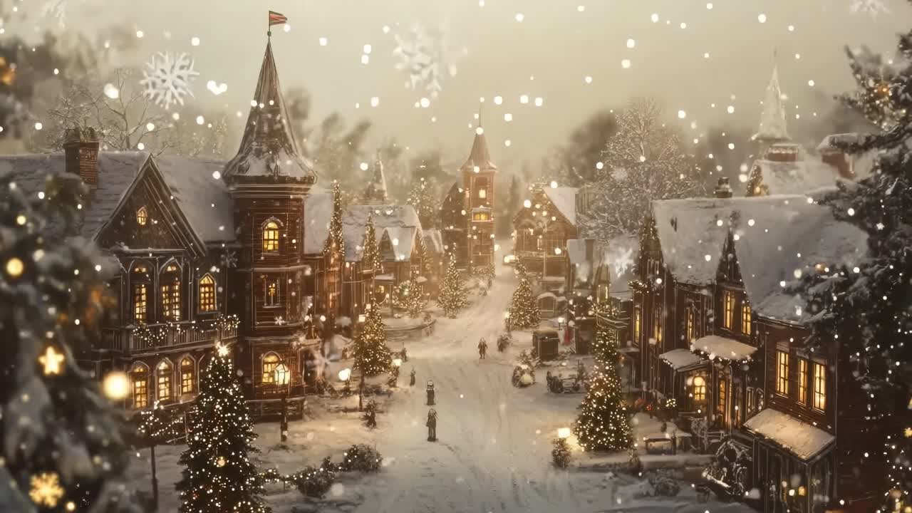 Aerial view of a snowy, vintage village with twinkling lights, capturing a cozy, festive atmosphere