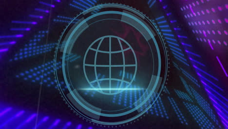 icono del globo con animación de procesamiento de datos digitales sobre luces azules y púrpuras vibrantes