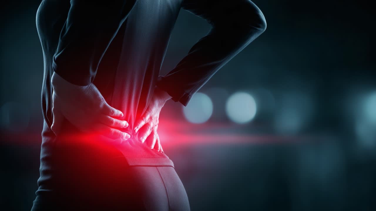 Experiencing Sharp Pain in the Lower Back: A Visual Exploration of Discomfort and Its Impact on Daily Life Amidst a Dark Background