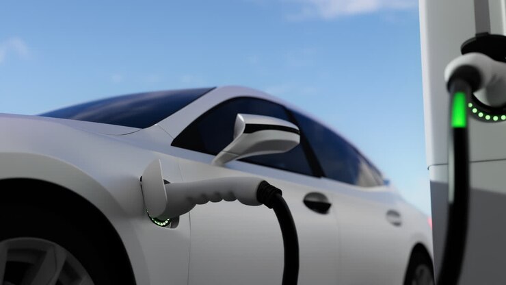 Realistic 3d rendering of Electric vehicle charging port plugging in car