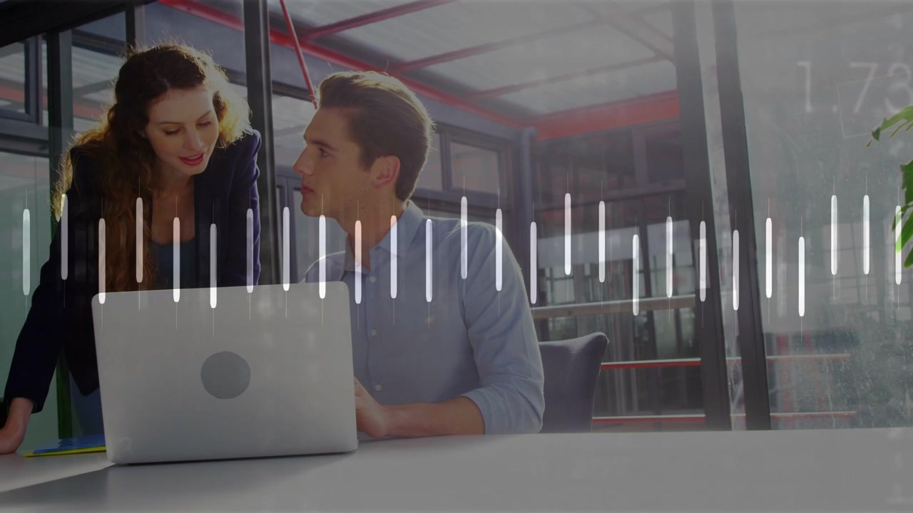 Vertical video: Woman leaning and pointing at laptop, man typing, waveform shifting for tech review