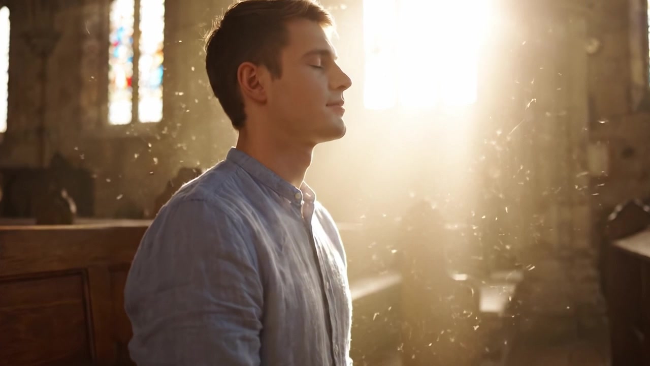 Um Momento de Reflexão: Um Jovem Orando em uma Igreja Iluminada pelo Sol, Abraçando a Tranquilidade e a Serenidade da Contemplação Espiritual em Meio a Suaves Partículas de Poeira