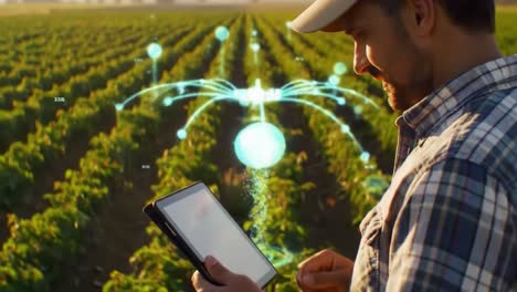 innovative agriculture: a farmer utilizing technology to monitor crop growth and optimize vineyard production with advanced digital analytics