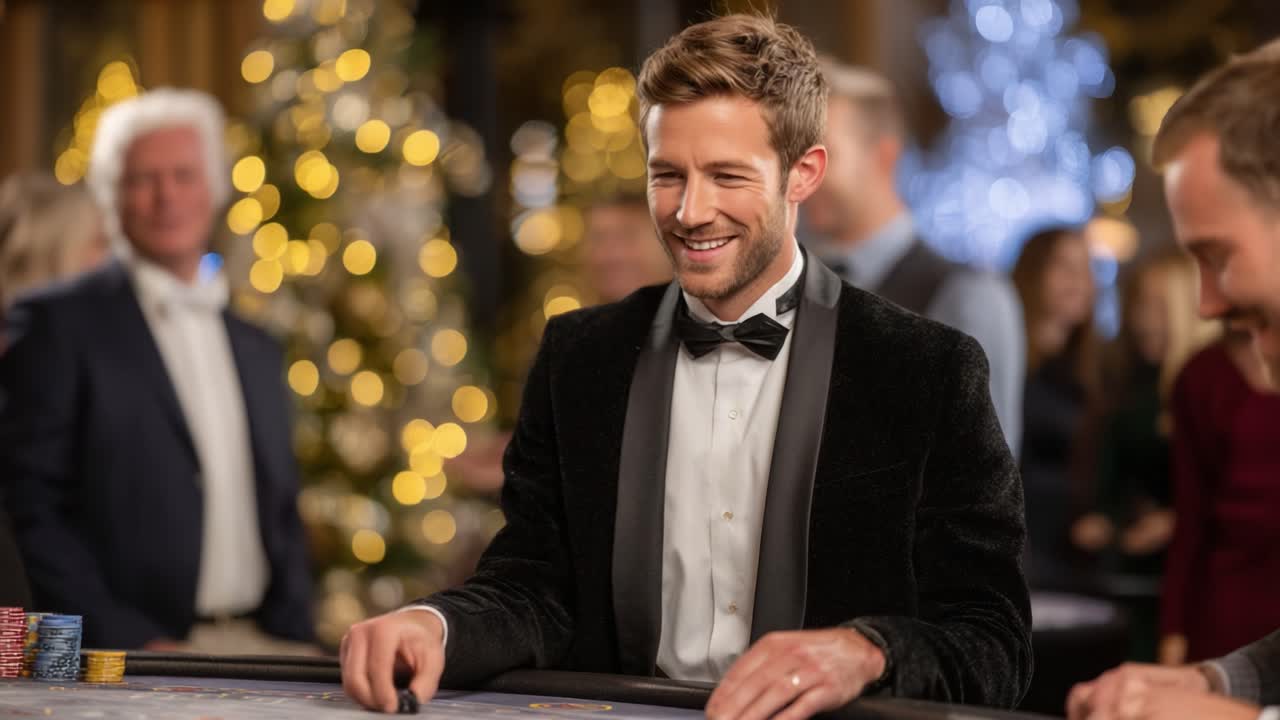 Joyful Moments at the Casino Table: A Dapper Gentleman Enjoys a Night of Fun Amidst Friends and Festive Atmosphere of Lights and Laughter