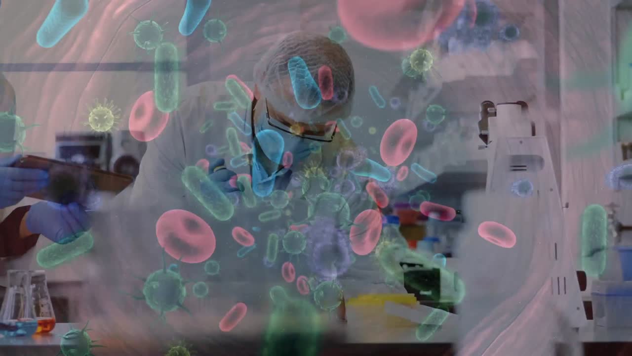 animación de células de coronavirus sobre personas con máscaras faciales en el laboratorio