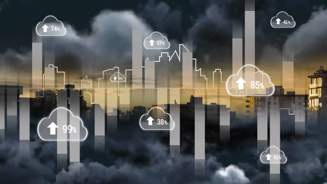 Animation of clouds with percentage and data processing over cityscape