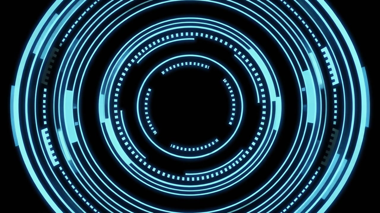 Abstract Blue Digital HUD Circular Interface Rotating on Black Background