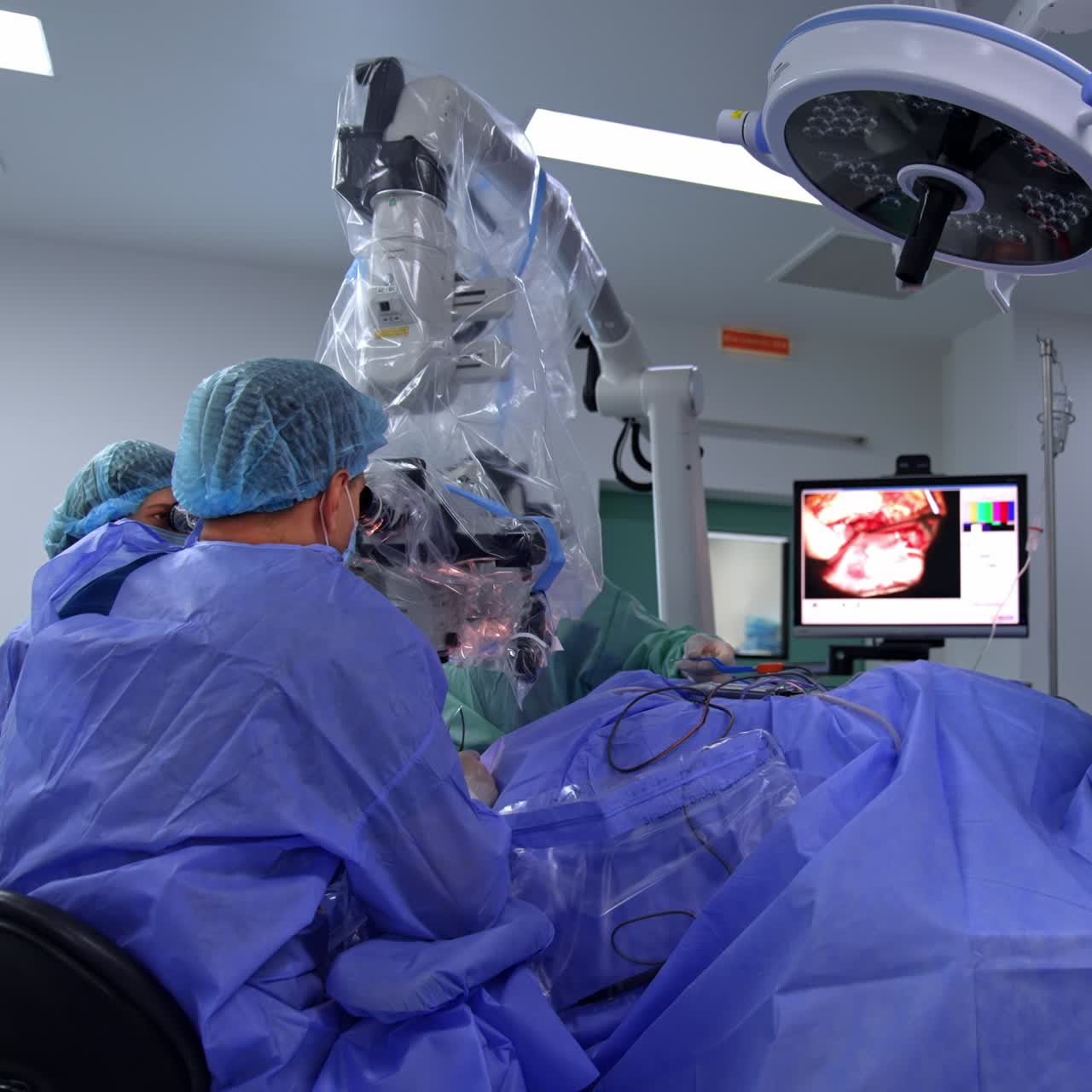 Contemporary neurosurgery conducted with the usage of modern technologies. Doctors look at high-precise microscope performing operation. Operated area shown on the screen