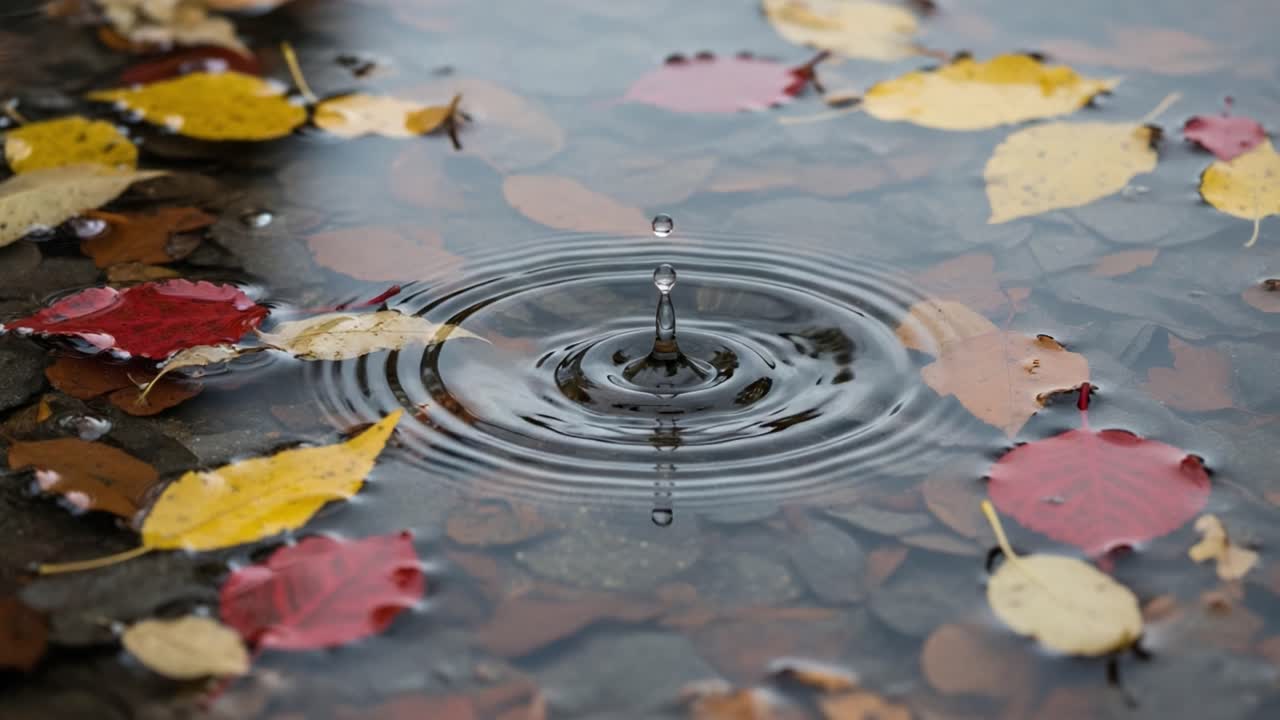 Captivating Ripple Effect: A Raindrop Disturbs the Stillness of a Pond Blanketed with Colorful Autumn Leaves in Vivid Detail
