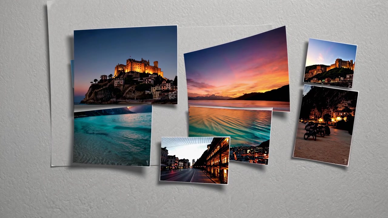 Collage de fotografías de viaje exhibido en una pared