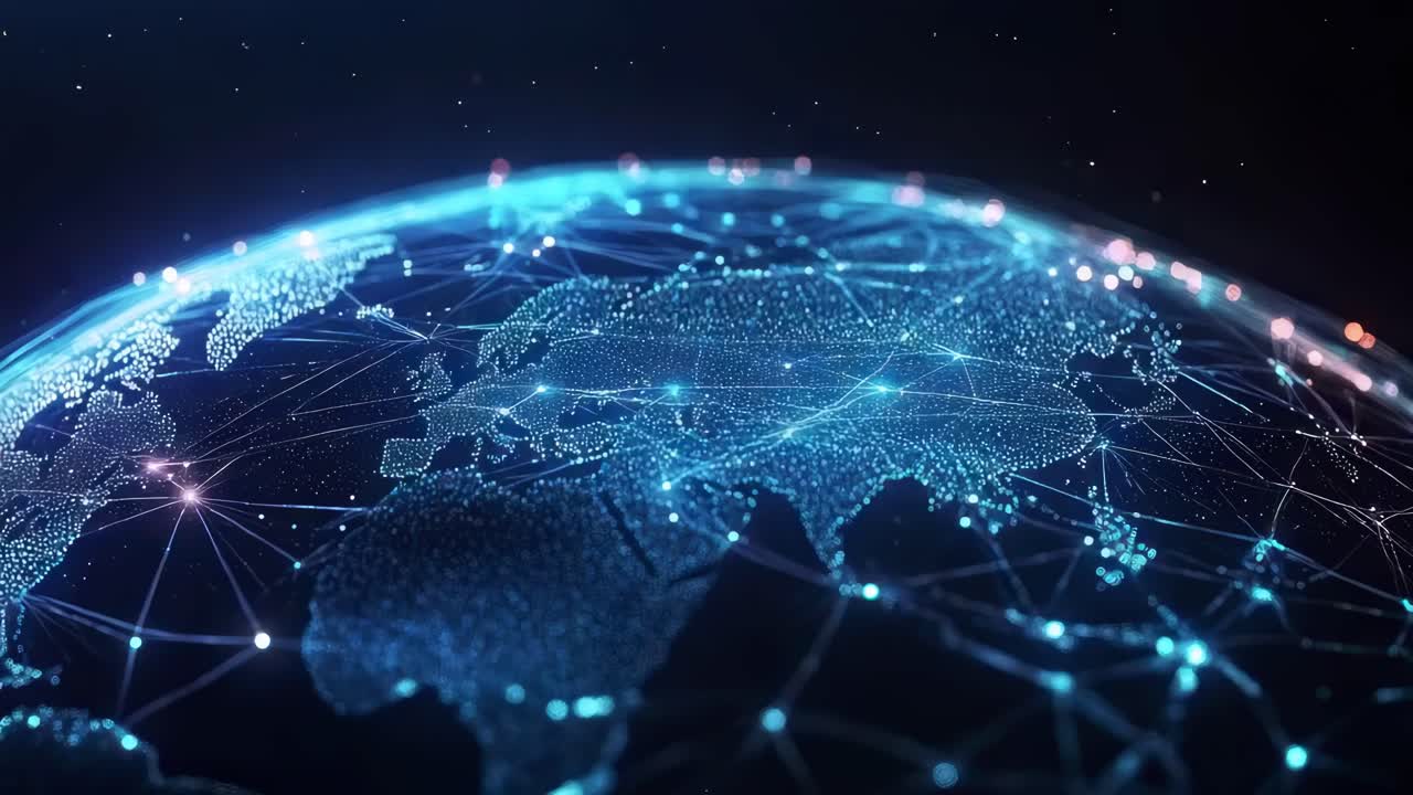 Aerial video view of a digital Earth with glowing network lines connecting continents