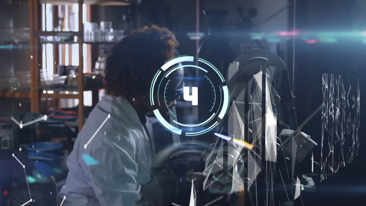 Animation of scope scanning and network of connections over african american female scientist in lab