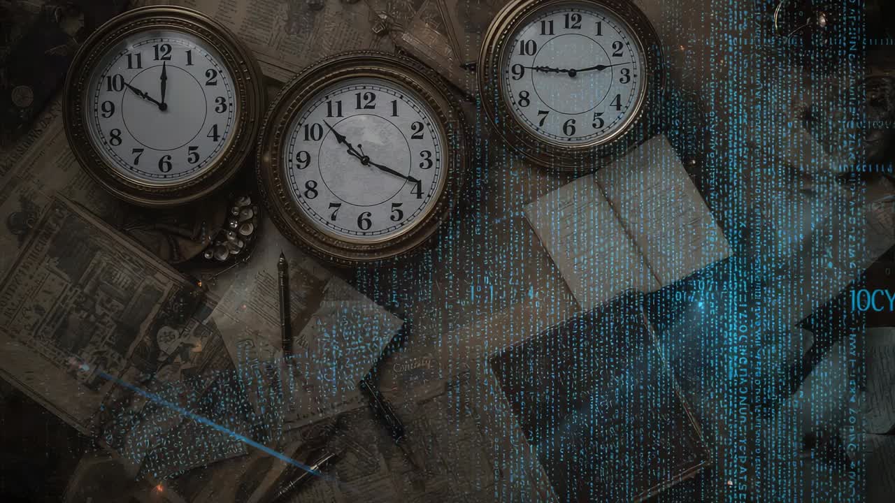 Blue code cascading, revealing text over antique clocks on table with hand flipping notebook pages