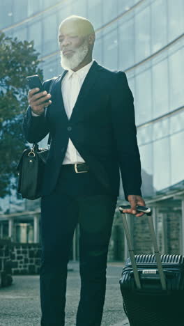 business man, phone and suitcase in street