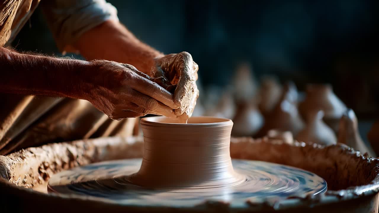 L'arte della ceramica: un artigiano modella abilmente l'argilla al tornio, creando pezzi di ceramica unici e meravigliosi grazie a dedizione e tecniche di precisione