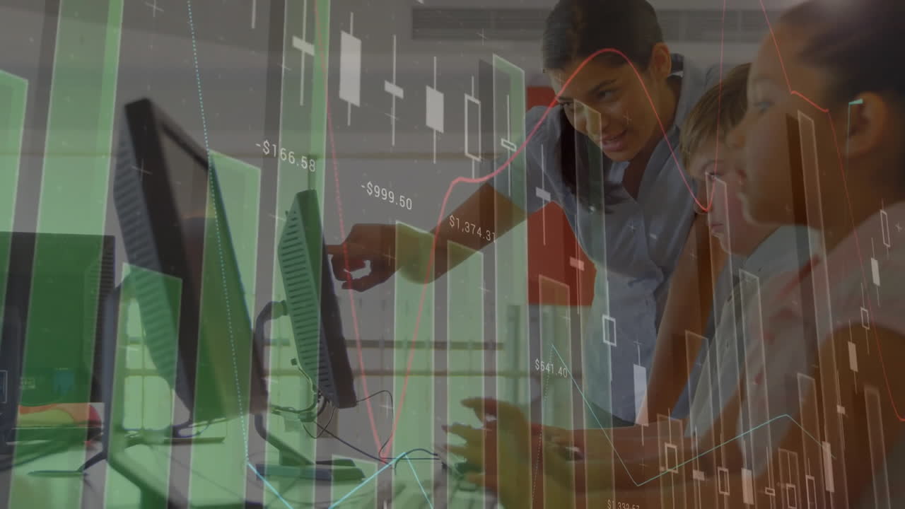 animación del procesamiento de datos sobre diversos escolares y maestros en el aula