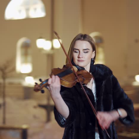 a talented girl performs composition on the instrument on the background of tall buildings in the city center. the musician plays the violin in the evening. blurred background.