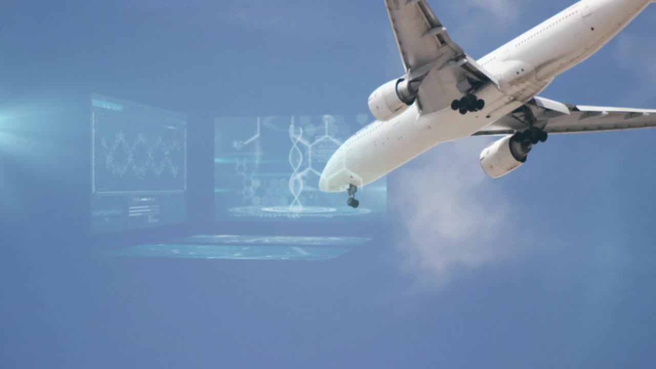 Flying airplane with digital data animation overlaying sky in background