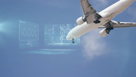 flying airplane with digital data animation overlaying sky in background