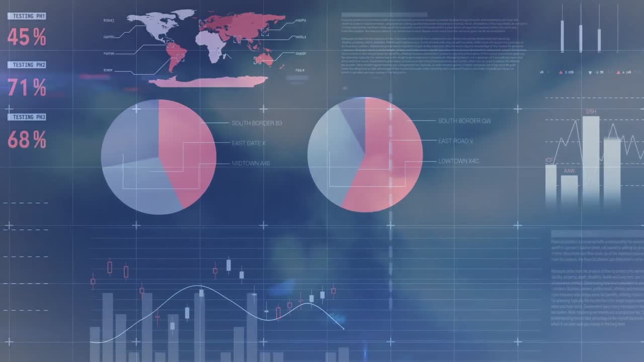 video compuesto del procesamiento de datos estadísticos contra nubes en el cielo azul