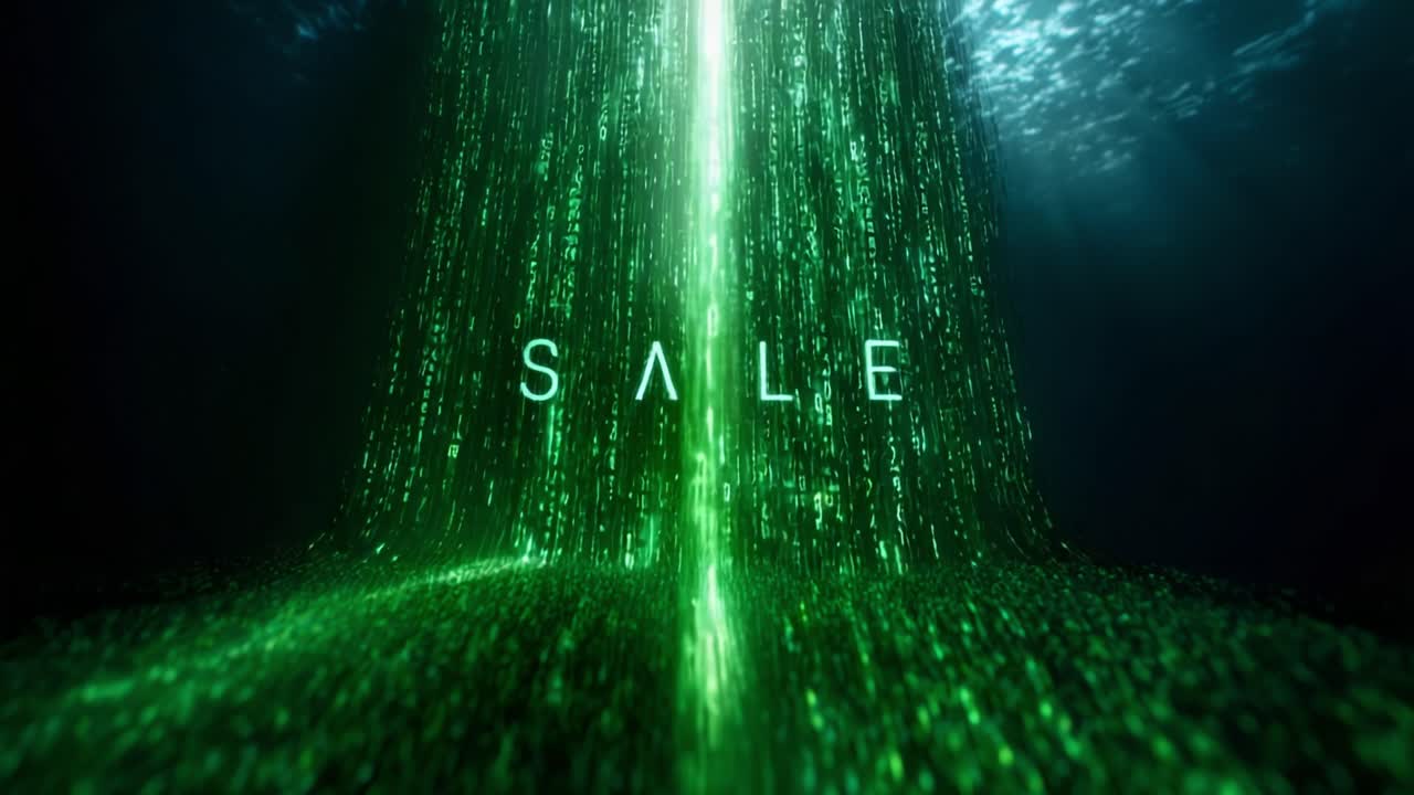 An Eye-Catching Digital Effect Showcasing an Enormous Green Data Stream with the Word 'SALE' Prominently Displayed, Creating a Visual Impact for Marketing or Promotion Purposes