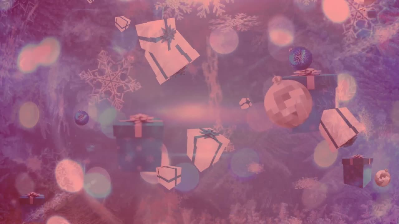 Mavi arka plan üzerinde düşen çoklu Noel hediyeleri, süs topları ve kar tanesi simgeleri.