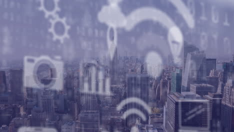 animación de iconos digitales en línea sobre el paisaje urbano
