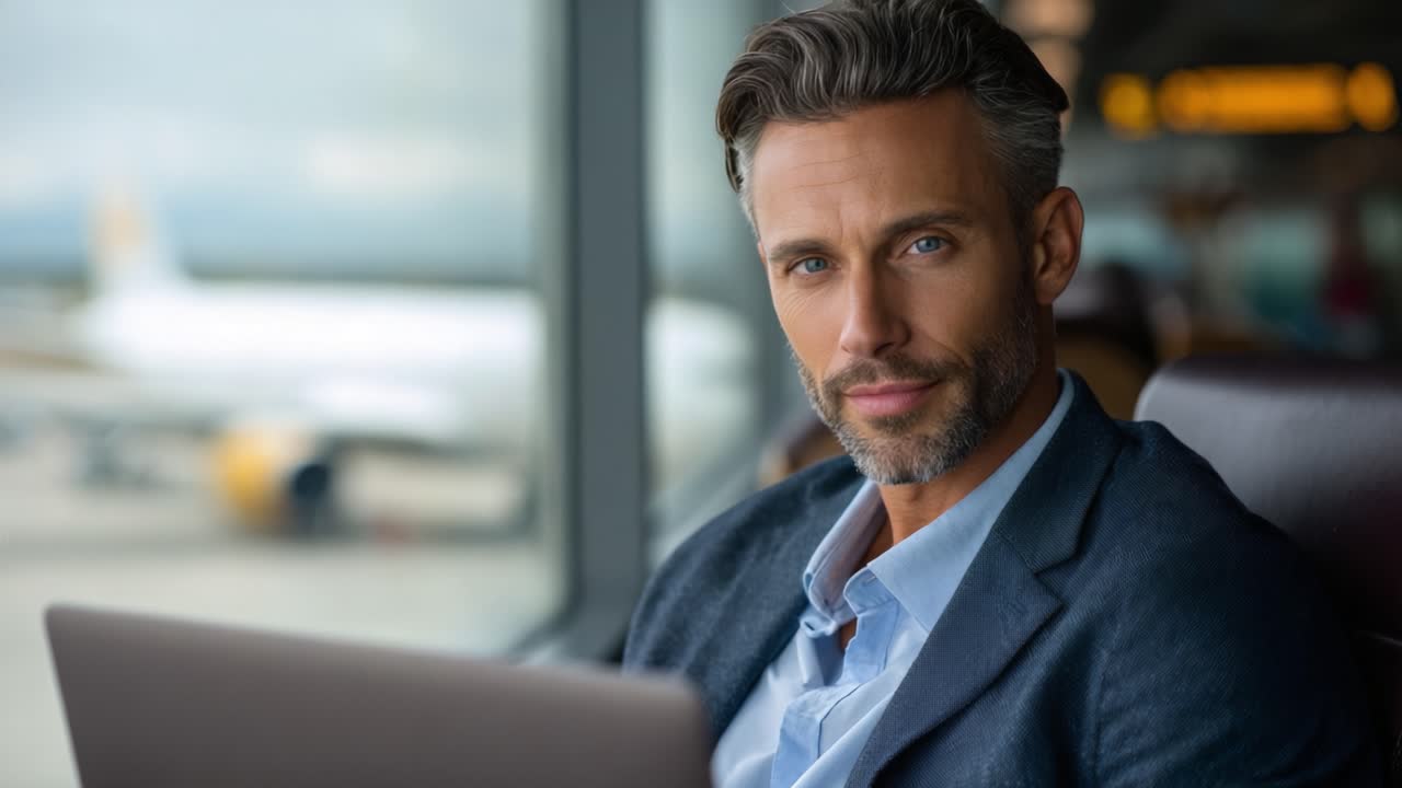 En rolig forretningsmand, der arbejder på sin laptop i en lufthavnslounge og forbereder sig til sin rejse, mens han udstråler selvtillid og professionalisme i et moderne miljø