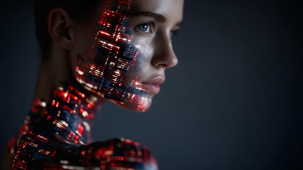 Un ritratto futuristico di un ibrido umano-futuristico, che mostra un design di circuiti metallici e al neon sulla pelle, catturando l'essenza della tecnologia avanzata e dell'estetica