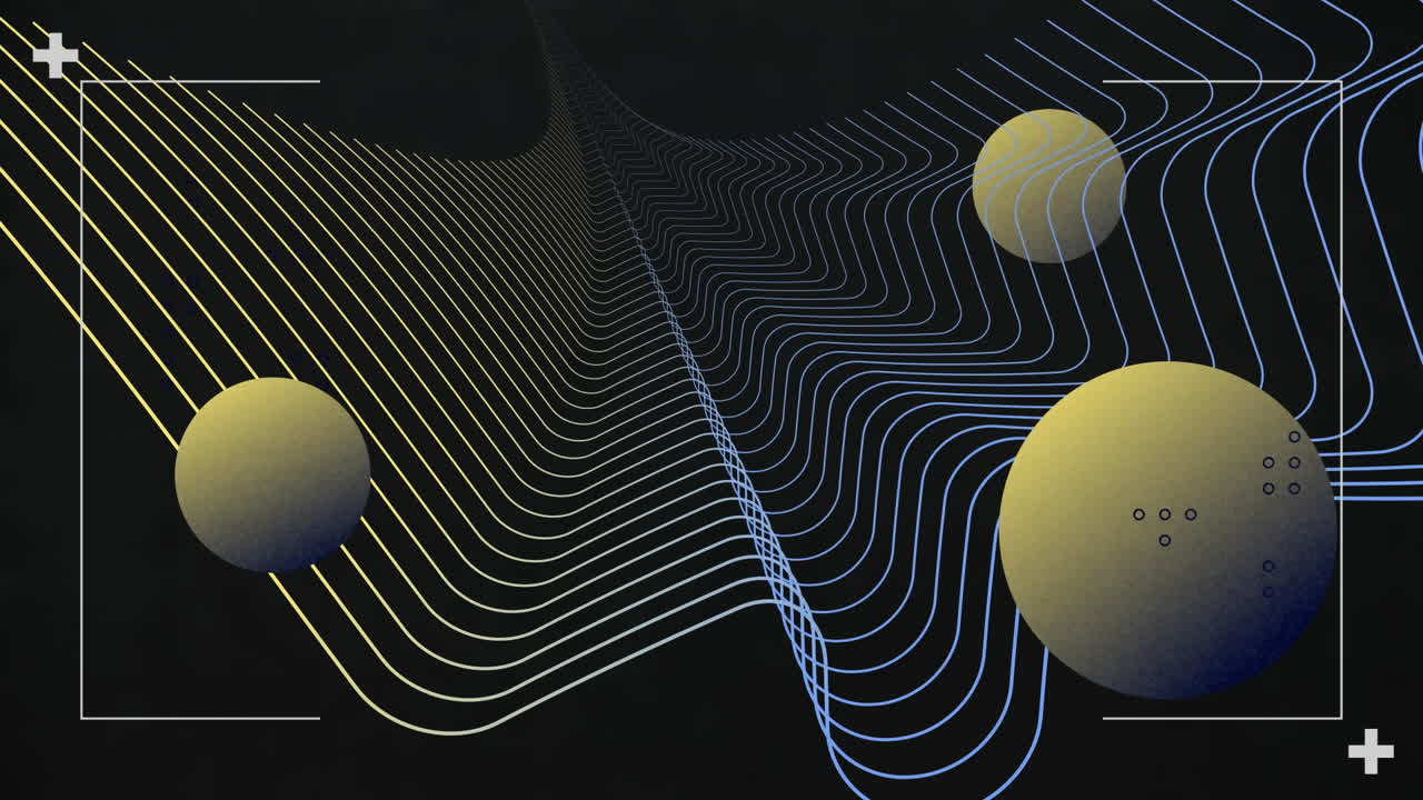animación de líneas curvas azules y amarillas y esferas amarillas en negro