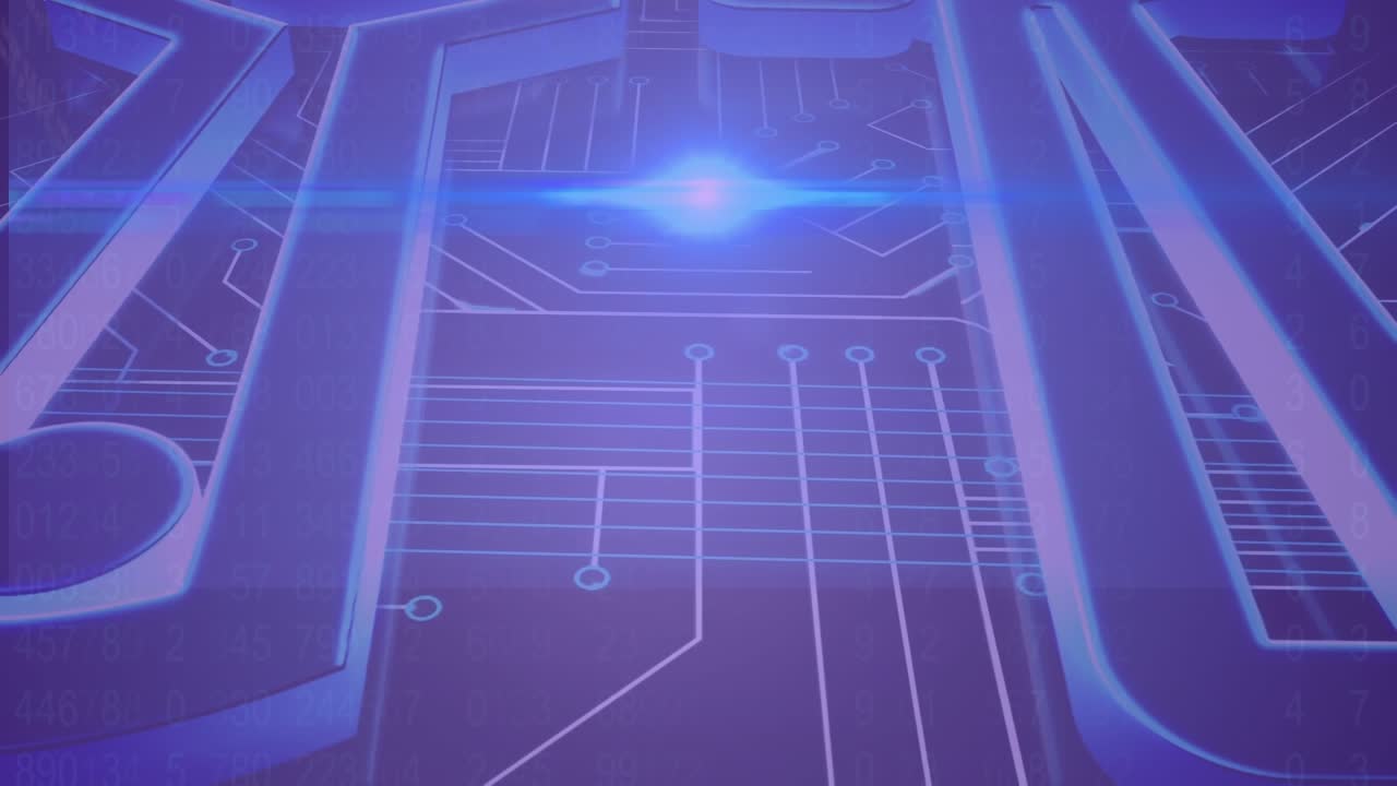 Animation of light spot over microprocessor connections and data processing against blue background