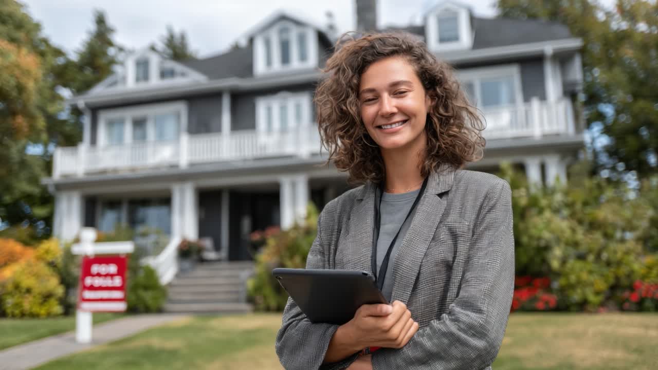 Cheerful Real Estate Agent Posing in Front of a Victorian Style Home, Showcasing Beautiful Landscaping and a 'For Sale' Sign
