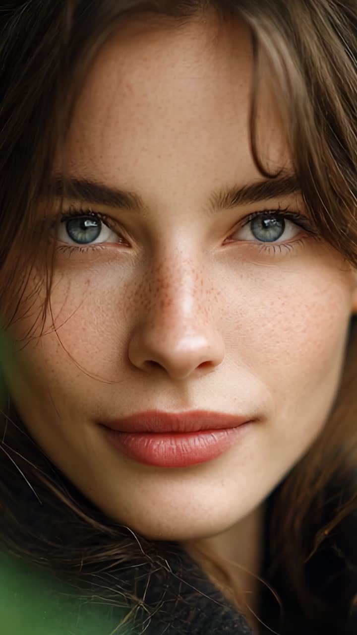 Captivating Portrait of a Young Woman with Striking Freckles and Expressive Green Eyes, Framed by a Soft Natural Background in a Serene Setting