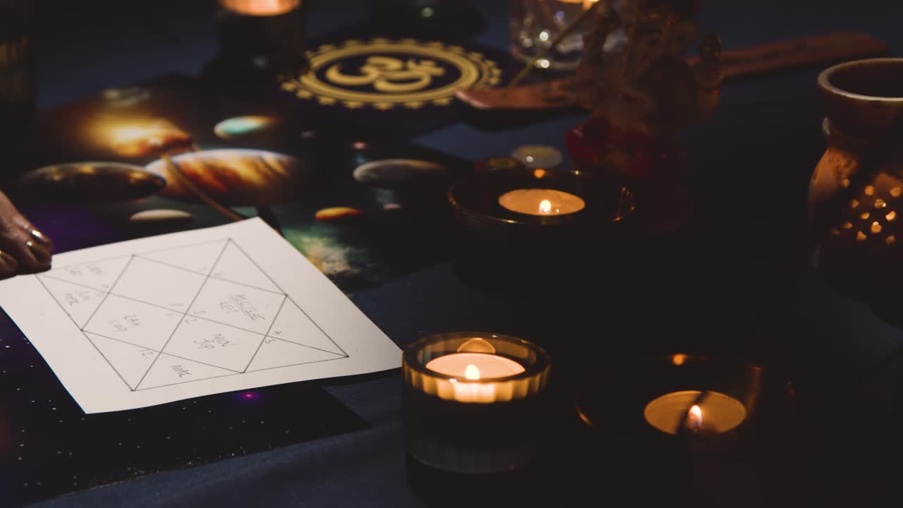 близкий взгляд на женщину, рисующую астрологию лагна или диаграмму рождения на столе при свече 4