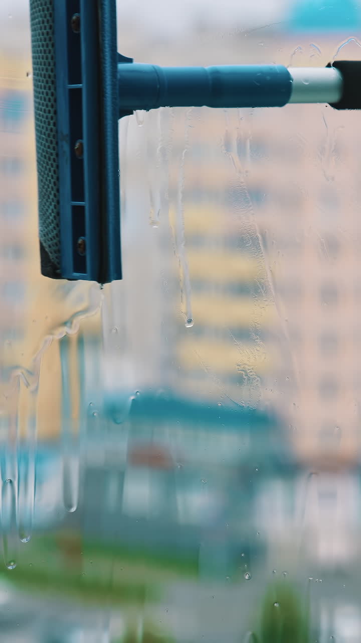 Hand with a cleaning brush is washing window. Plastic window cleaning from outside of a high rise building in the city. View from flat. Vertical video