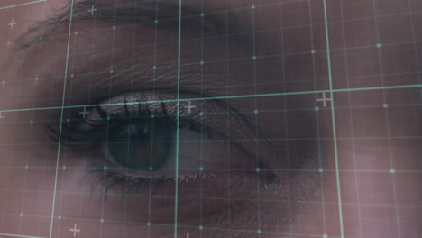 animation of data processing over eye of caucasian woman