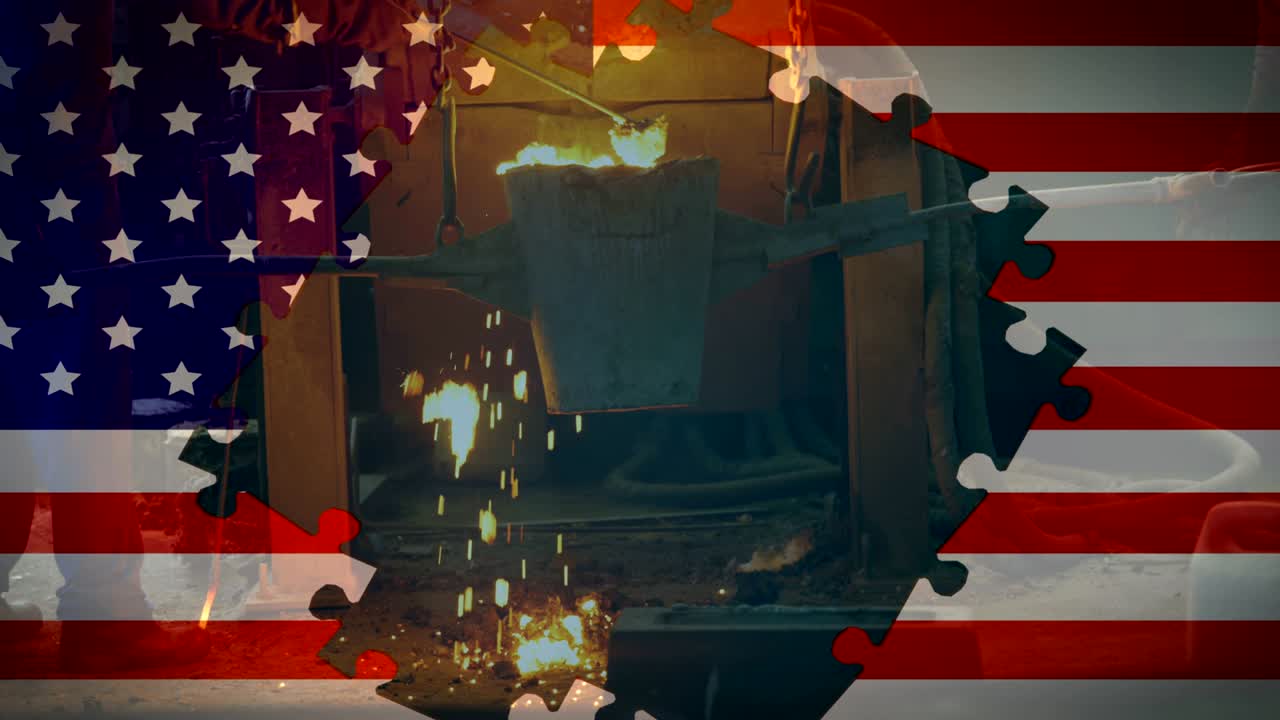 Animation of American flag waving over man in the background