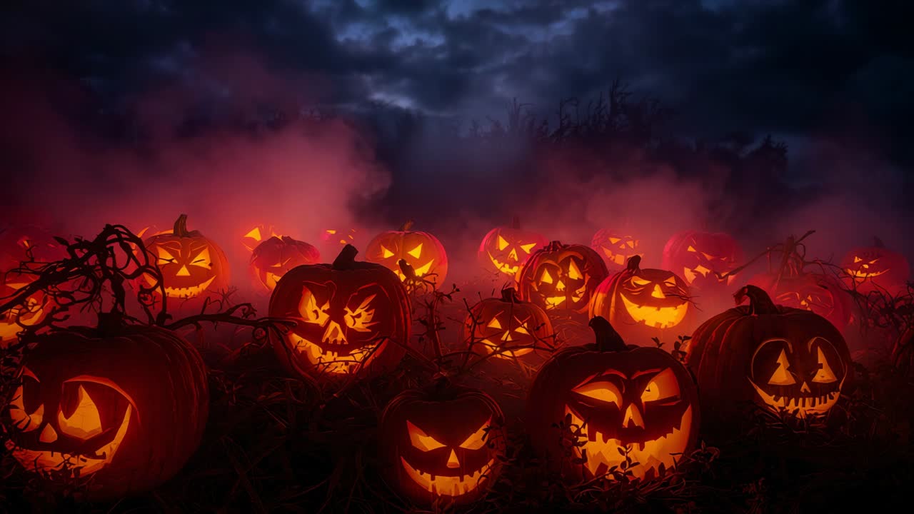 Flickering lights causing carved pumpkins pulsing in field at night, dead vines, red fog weaving