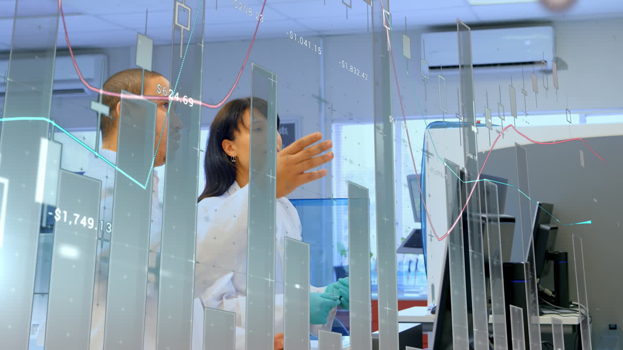 animación del procesamiento de datos científicos sobre diversos científicos en el laboratorio