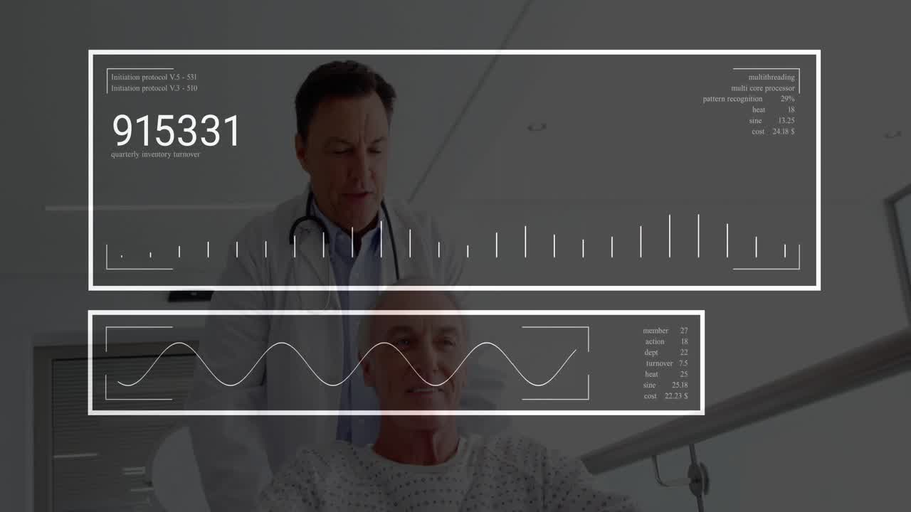 Doctor empujando a un paciente en silla de ruedas por un pasillo, viendo una superposición que actualiza un gráfico de métricas de recuperación.