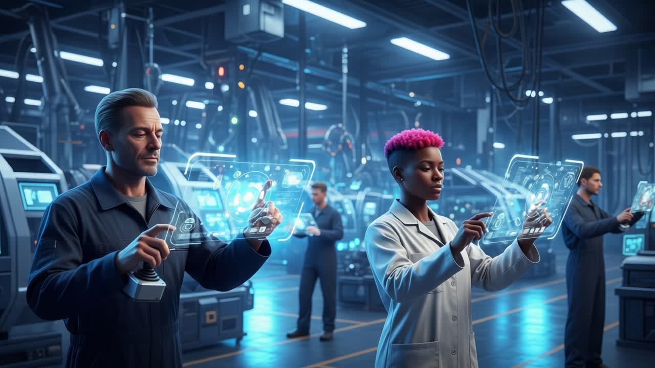 A team of skilled professionals in a futuristic laboratory manipulating advanced technology with interactive holographic interfaces, working tirelessly on groundbreaking innovations