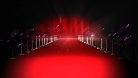 animation of violet shapes moving over red carpet and camera flashes