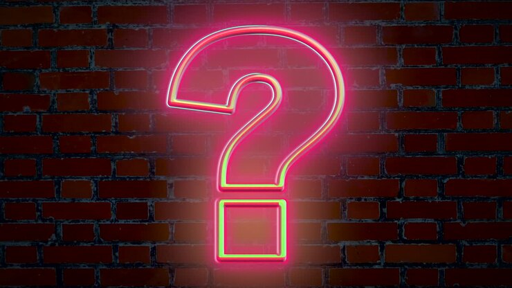 Neon pink Blinking question mark sign in front of brick wall,computer animated effect